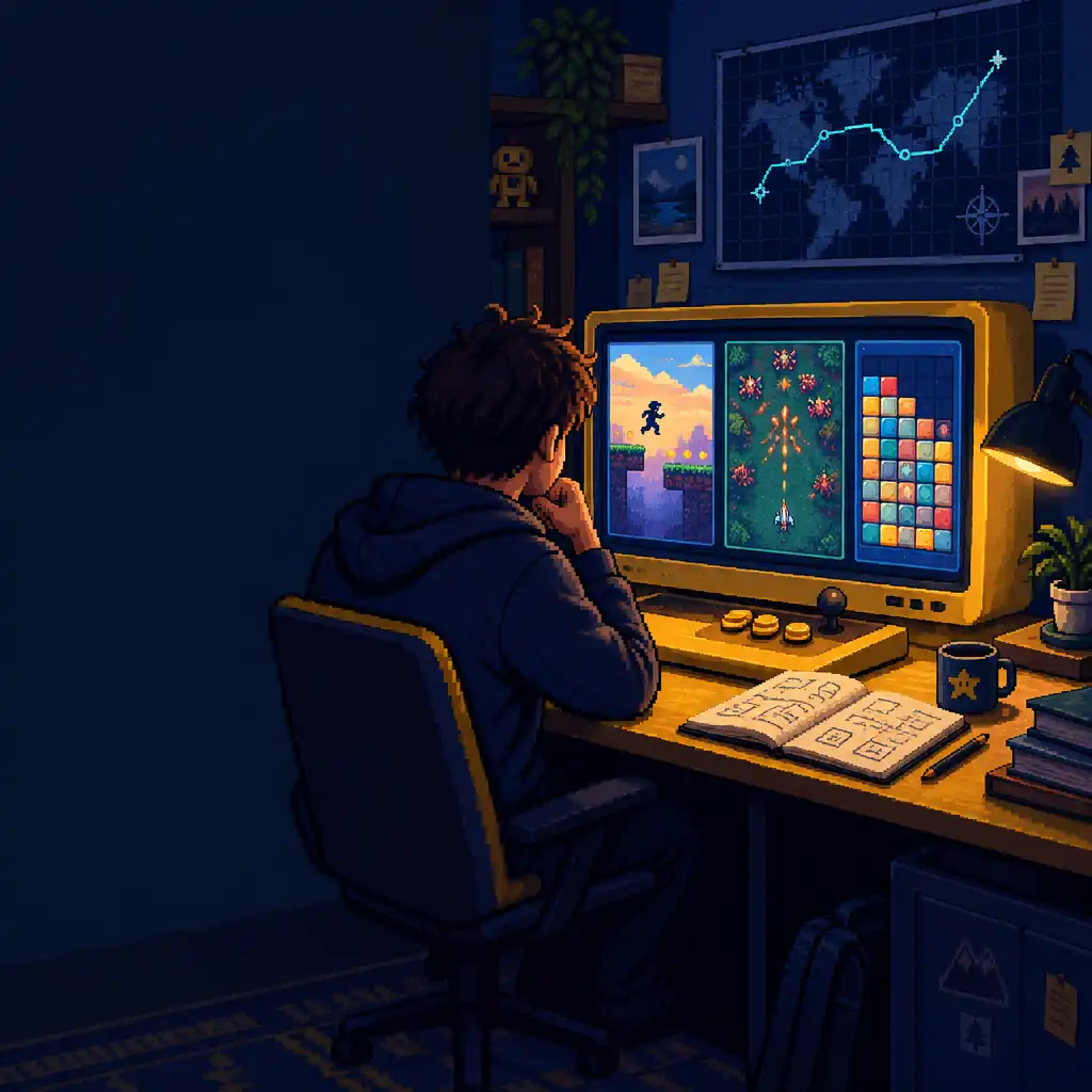 Pixel-art illustration of a player studying several unbranded retro arcade scenes at an arcade desk