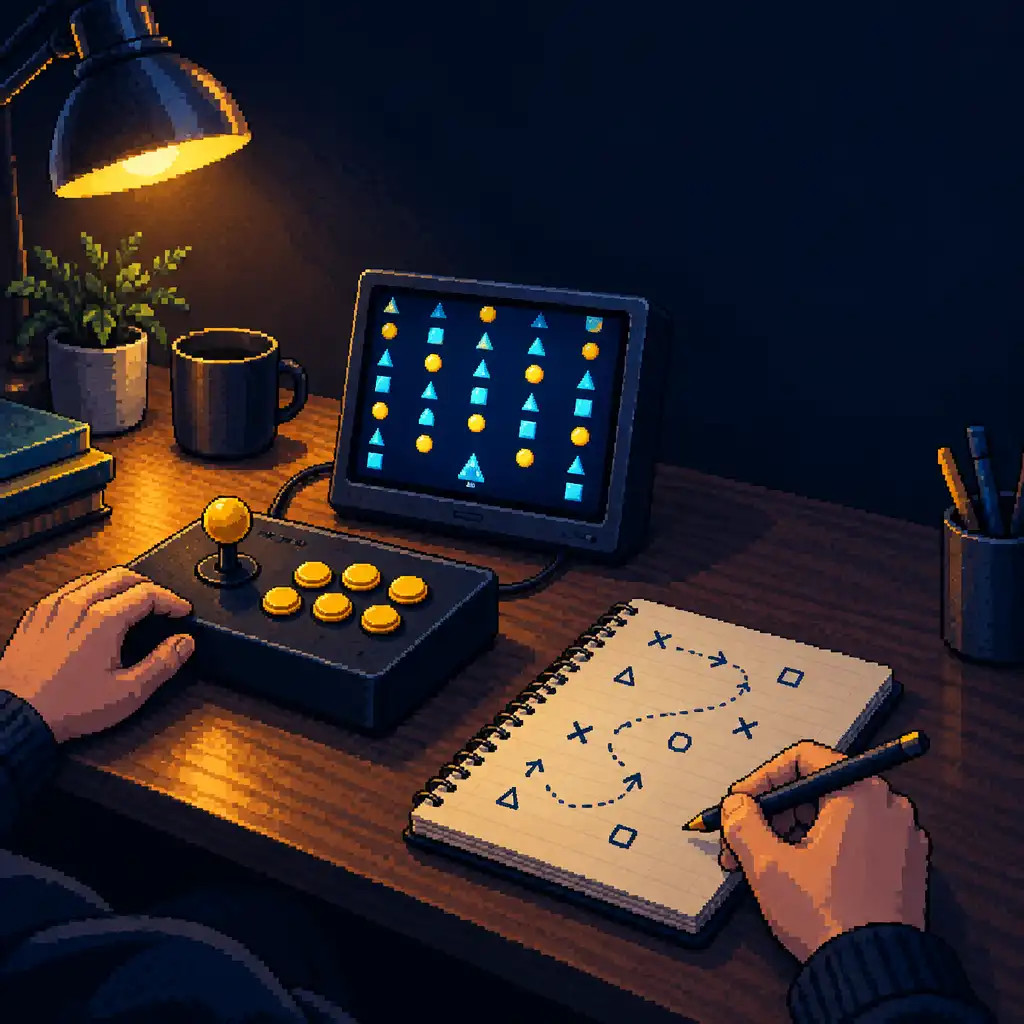 Pixel-art desk scene with an unbranded arcade controller, a notebook and a repeating abstract obstacle pattern