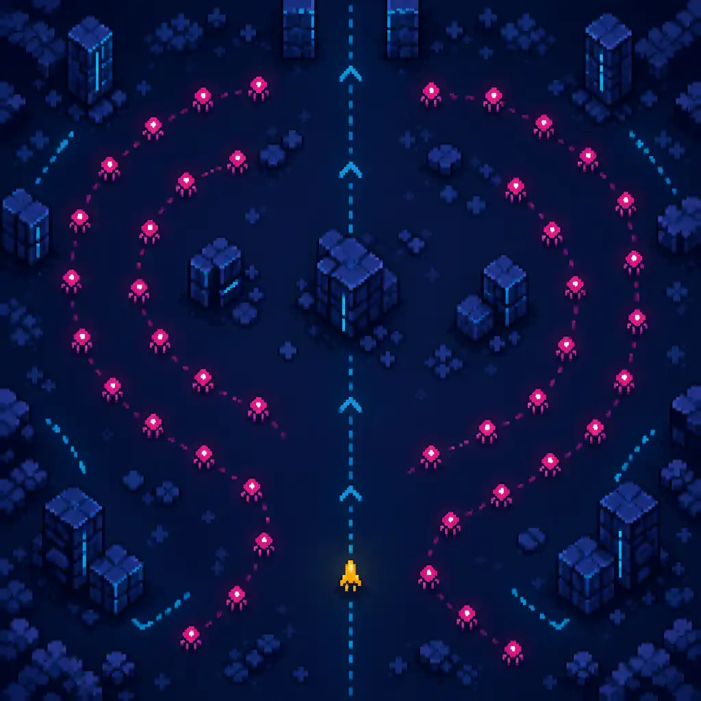Pixel-art tactical arena with curved hazard paths, open movement lanes and a highlighted player marker near an escape corridor.
