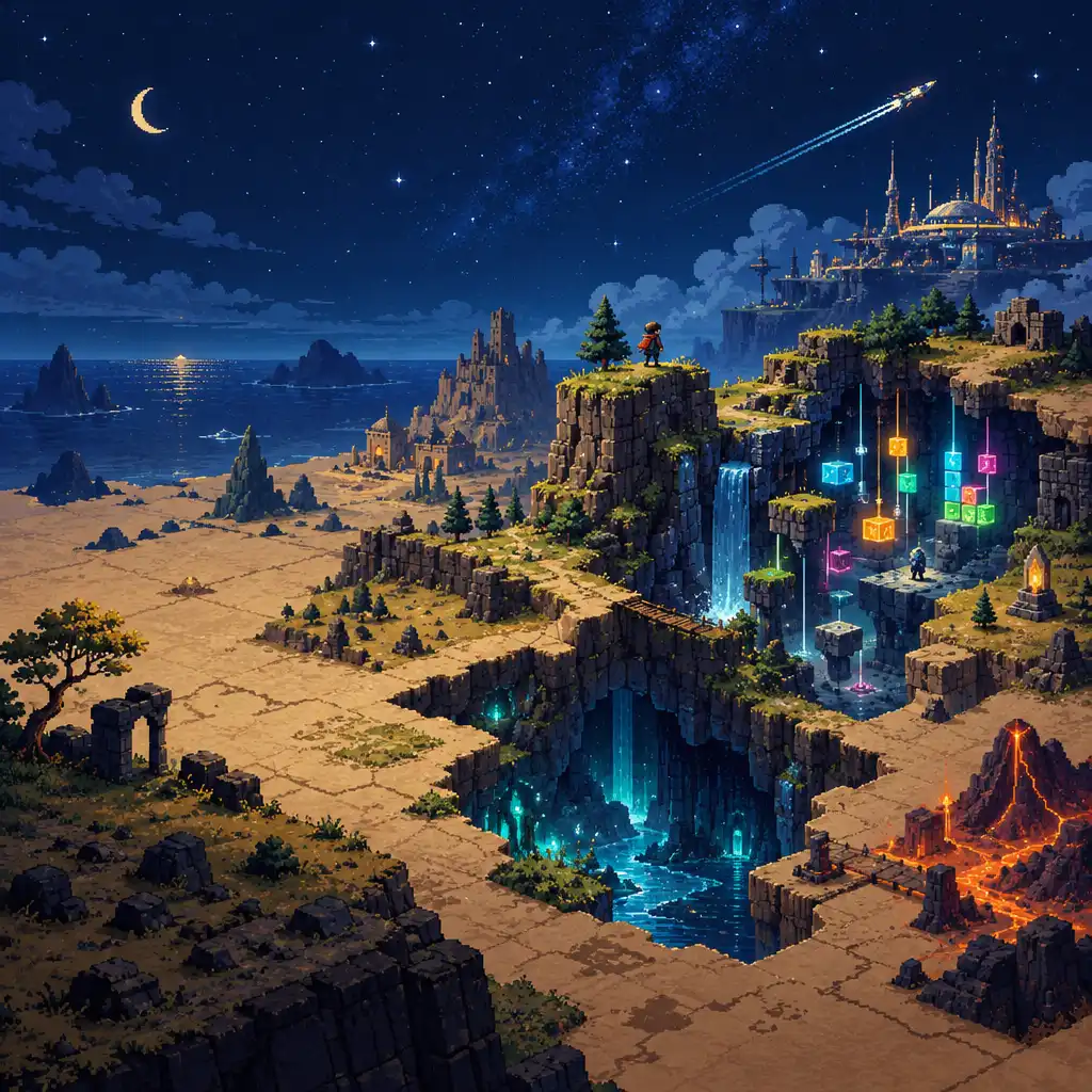 Pixel-art arcade-map landscape combining a platform ridge, puzzle lights and a distant spacecraft trail