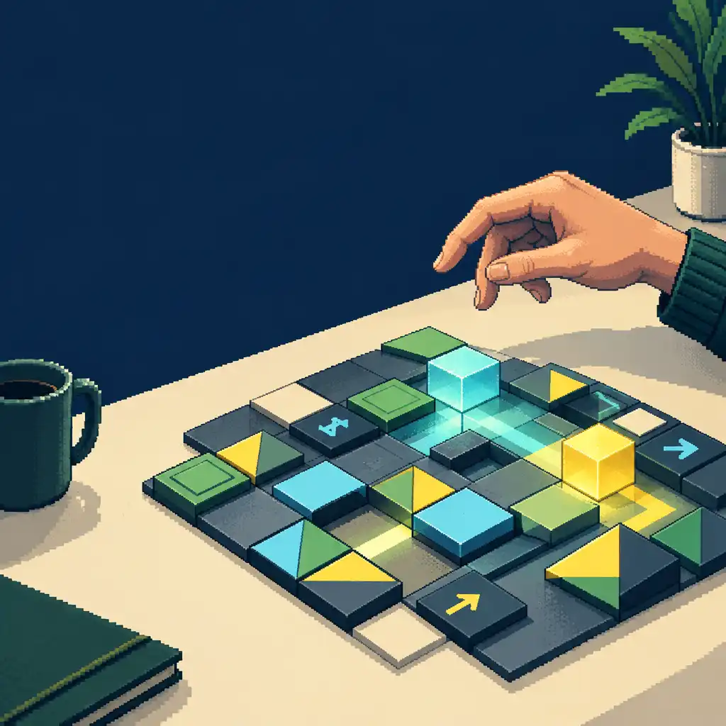 Editorial pixel-art tabletop logic puzzle with coloured geometric tiles and a hand hovering above the board