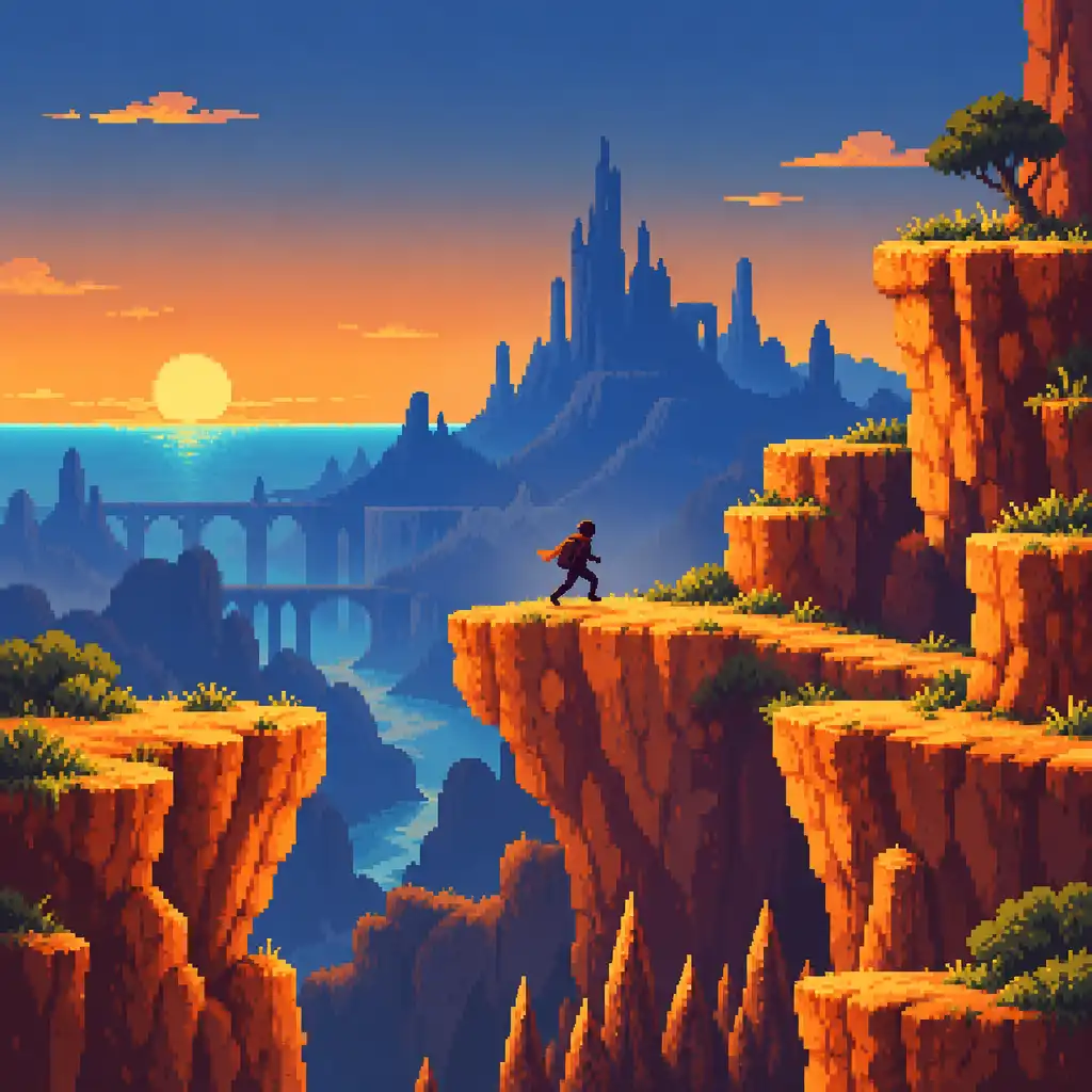 Illustrative pixel-art terrain route with layered orange cliffs and a small abstract traveller