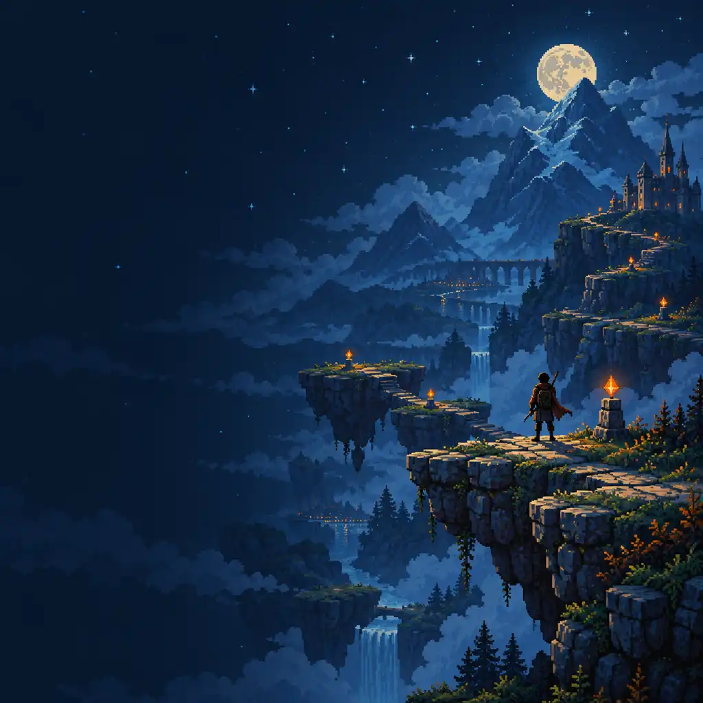 Original pixel-art landscape with floating ledges, a moonlit ridge and a small explorer at an orange route marker.