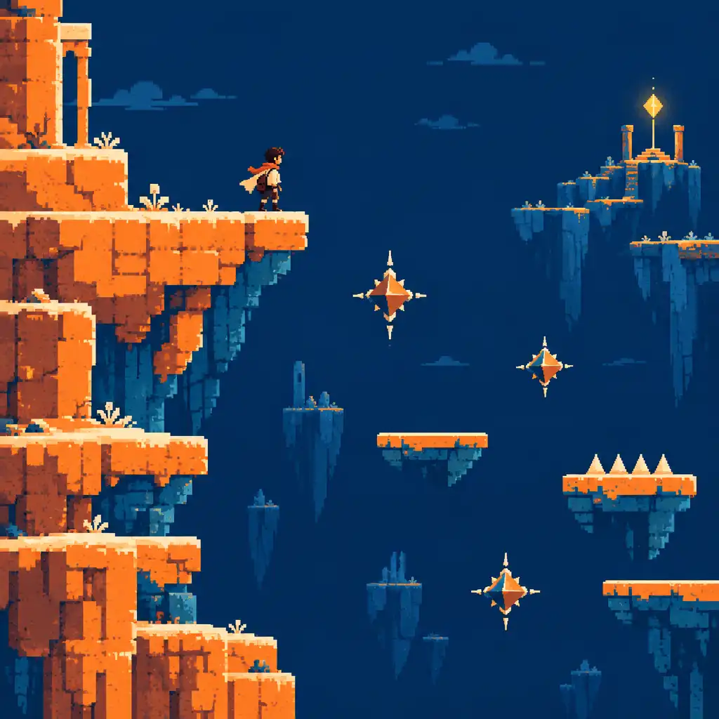 Pixel-art adventurer near orange platforms and a distant yellow waypoint