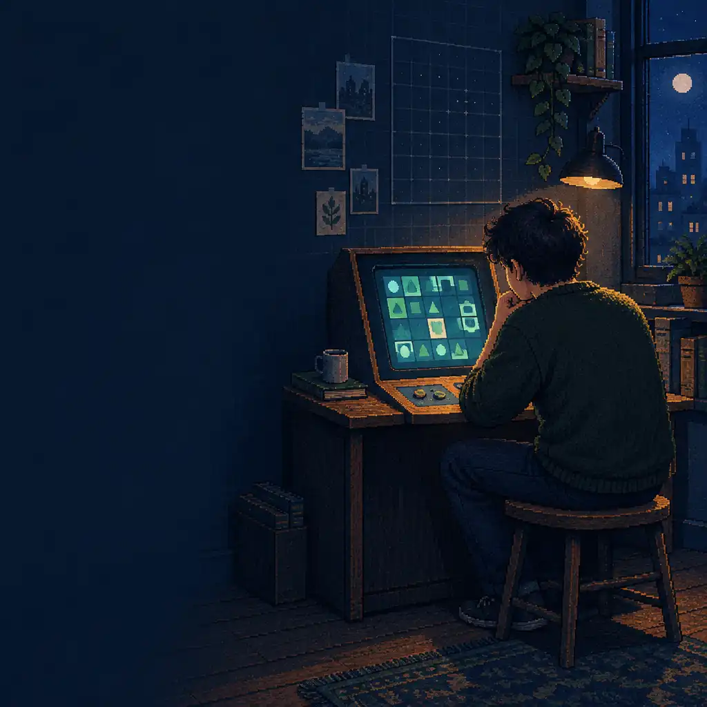 Editorial pixel-art scene of a player studying an abstract glowing tile puzzle at an arcade table