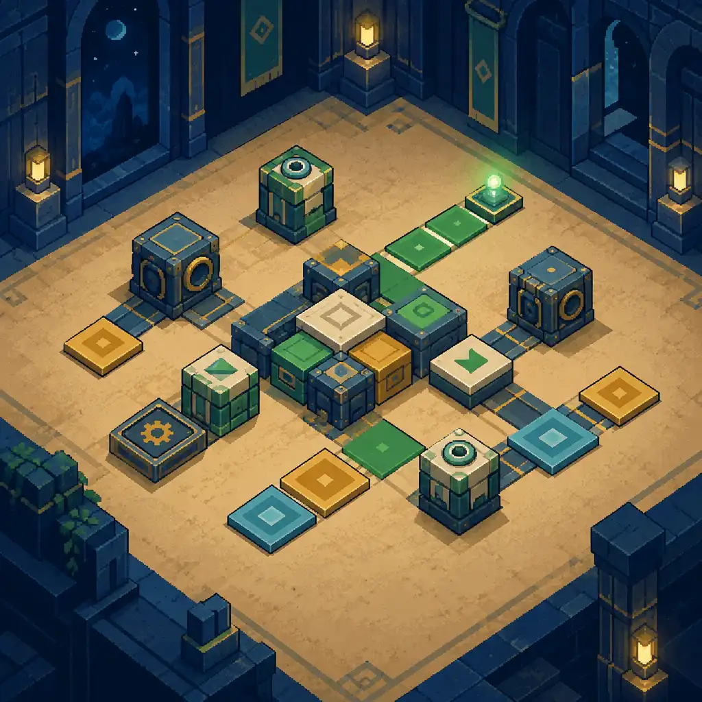 Pixel-art geometric tiles and blocks in a midnight-blue puzzle chamber