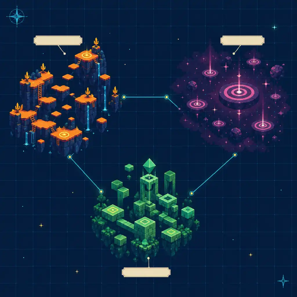 Original pixel-art editorial map with orange, magenta and green fictional arcade regions