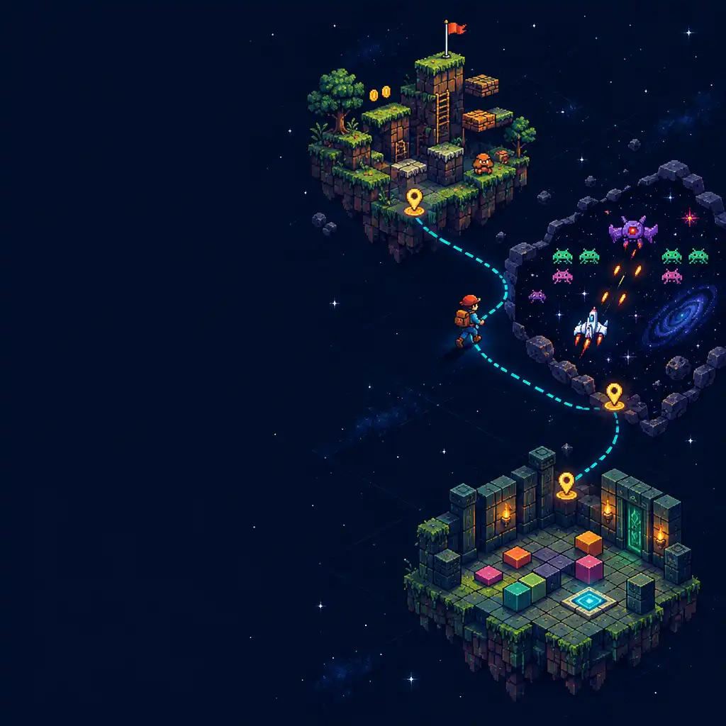 Pixel-art explorer following a cyan route between platform, space and puzzle landmarks