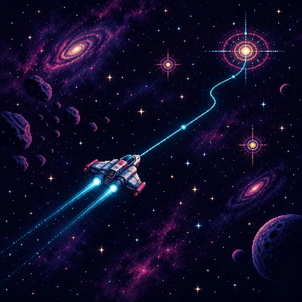 Pixel-art spacecraft following a cyan route through a violet starfield
