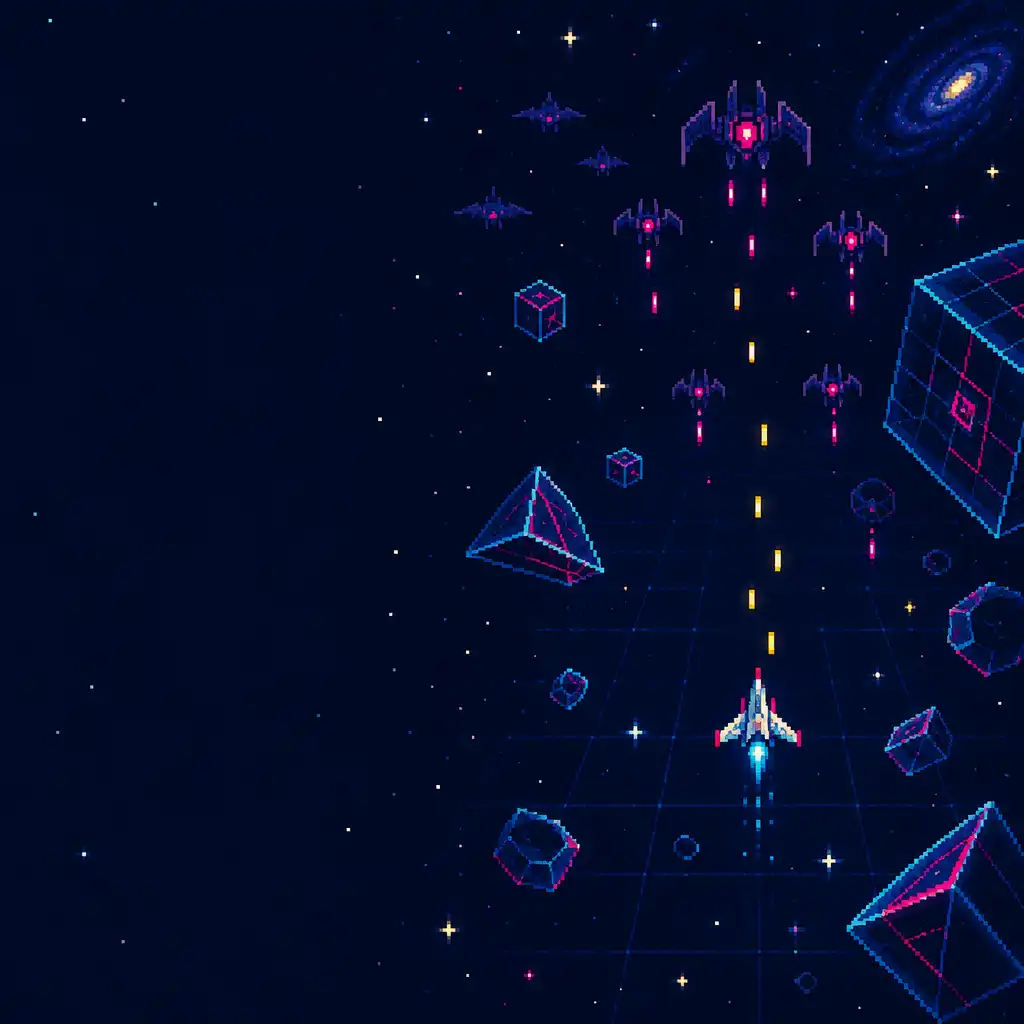 Pixel-art arcade space scene with a small ship-like sprite navigating geometric hazards on a midnight-blue grid.