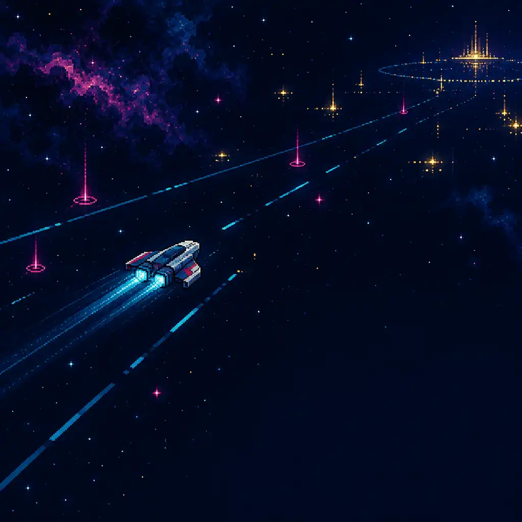 Illustrative pixel-art spacecraft crossing a midnight-blue corridor with cyan routes and magenta markers